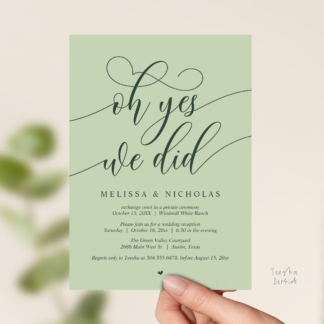Convite Oh Yes We Did Modern Script Elopement Announcement (Oh Yes We Did Modern Script Elopement Announcement Card in Forest Green Eucalyptus )