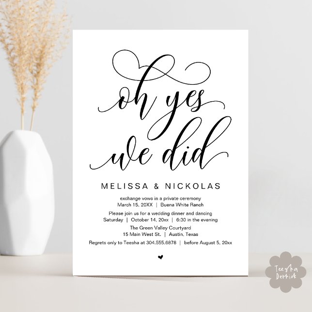 Convite Oh Yes, We Did, Romantic Wedding Elopement Party (Oh Yes, We Did, Romantic Modern Script Wedding Elopement Party Invitation Card PDF White Black)