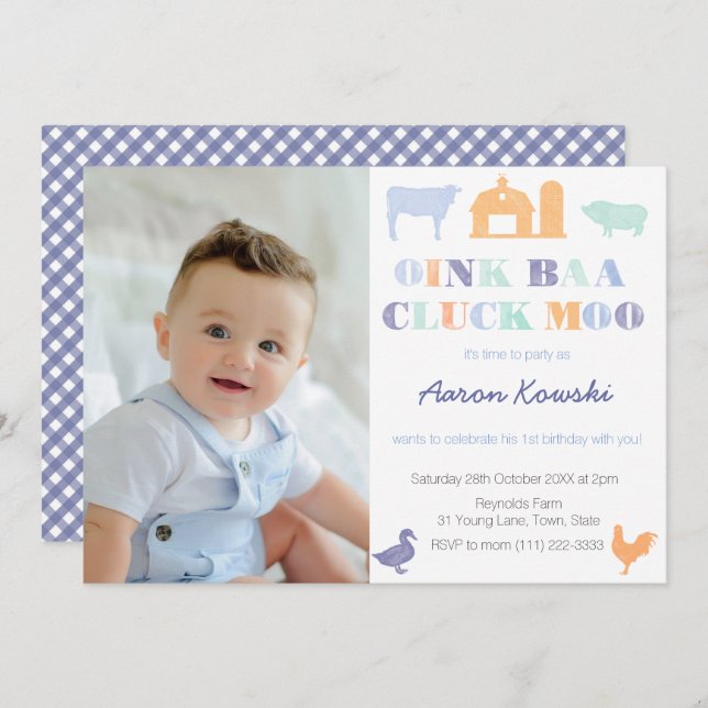 Convite Oink Baa Cluck Moo Farmyards Festa de aniversário (Frente/Verso)