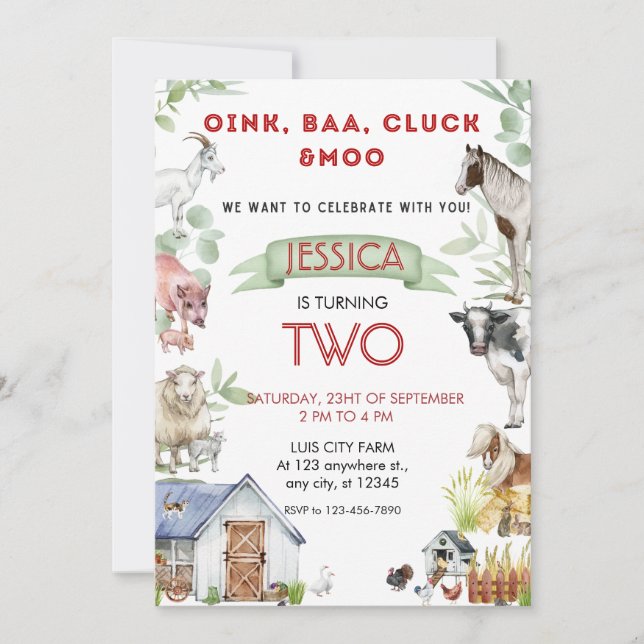 Convite Oink Baa Moo Cute Farm Animais Aniversário (Frente)