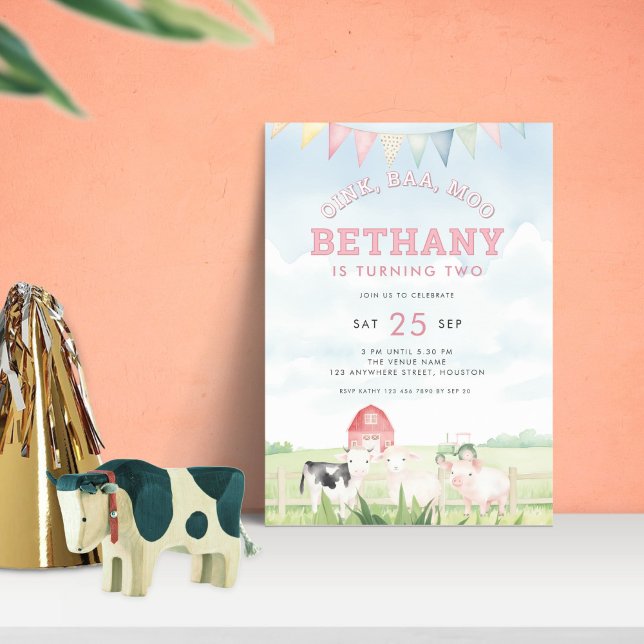 Convite Oink Baa Moo Festa de segundo aniversário de Anima (Criador carregado)