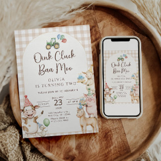 Convite Oink Baa Moo Turning Two Birthday Invitation