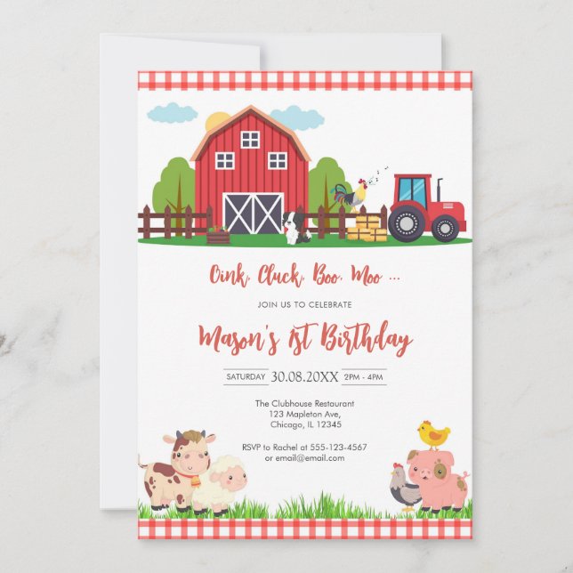 Convite Oink Baa Quack Moo Farm Animals Birthday (Frente)