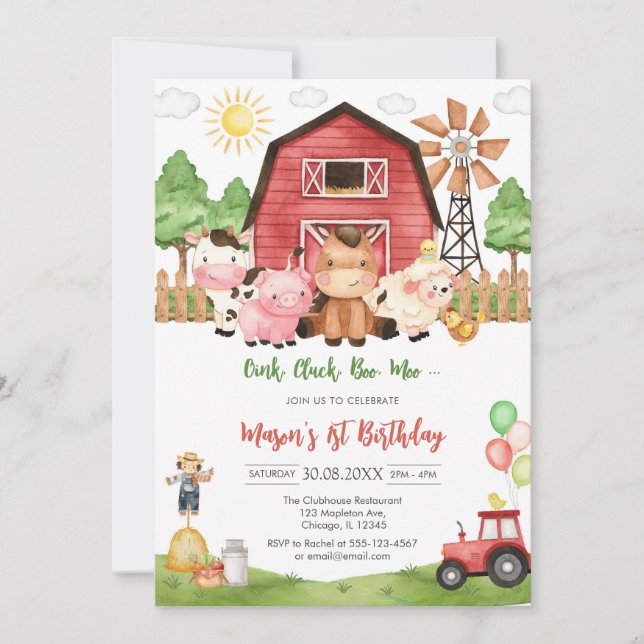 Convite Oink Baa Quack Moo Farm Animals Birthday (Frente)