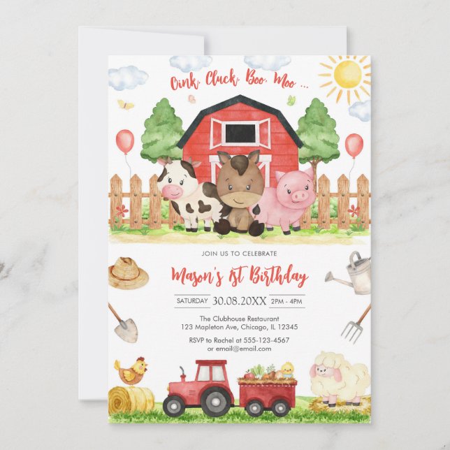 Convite Oink Baa Quack Moo Farm Animals Birthday (Frente)