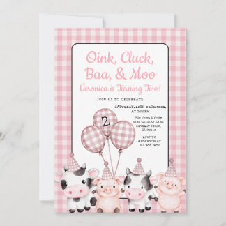 Convite Oink, Cluck, Baa, & Moo Farm Birthday Pink Gingham