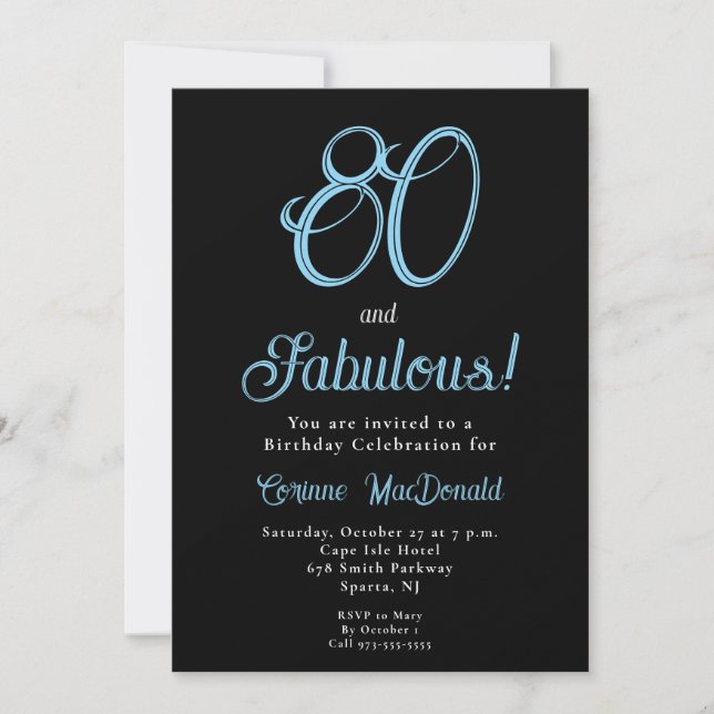 Convite Oitenta Azul Ártico e Fabuloso Aniversário de 80 a (Frente)