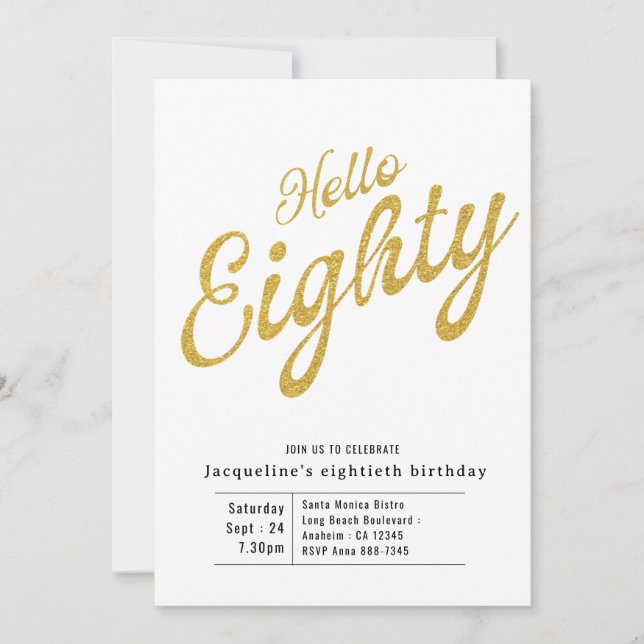 Convite Oitenta e Dourada 80 Branca, Aniversário (Frente)