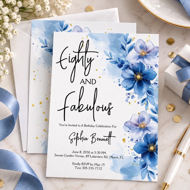Convite Oitenta e Fabulosas Flores 80º Aniversário  (elegant watercolor flowers rose Eighty and Fabulous Floral 80th Birthday Party gold glitter invite)