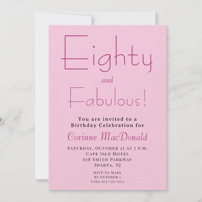 Convite Oitenta e Fabuloso Rosa Rubor Aniversário de 80 an (Frente)
