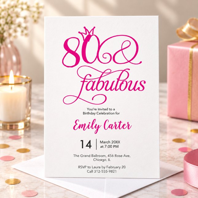 Convite Oitenta e Fabuloso Script Rosa 80º Aniversário (eighties party birthday invitations 80th for her eighty 80 eightieth 80 years old eighty & fabulous)