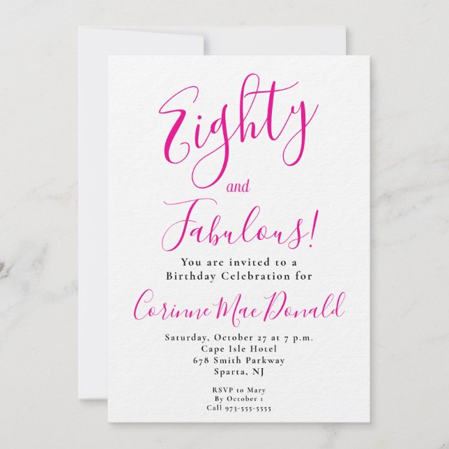 Convite Oitenta e Fabuloso Script Rosa Aniversário de 80 a (Frente)