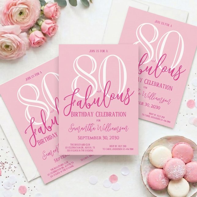 Convite Oitenta e Fabulosos Rosa Cor-de-Rosa 80º Aniversár (Criador carregado)