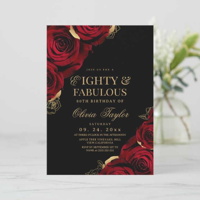 Convite Oitenta & Fabulosas Rosas Vermelhas de Aniversário (Em pé/Frente)