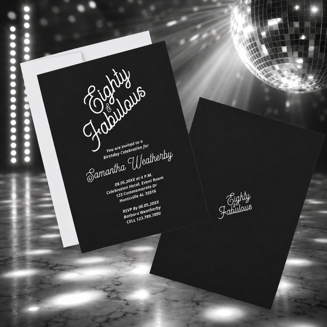 Convite Oitenta & Fabuloso Preto Branco Aniversário (Eighty & Fabulous Black White Birthday Invitation)