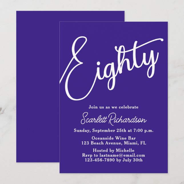 Convite Oitenta Festa de aniversário 80 roxa de Script Mod (Frente/Verso)