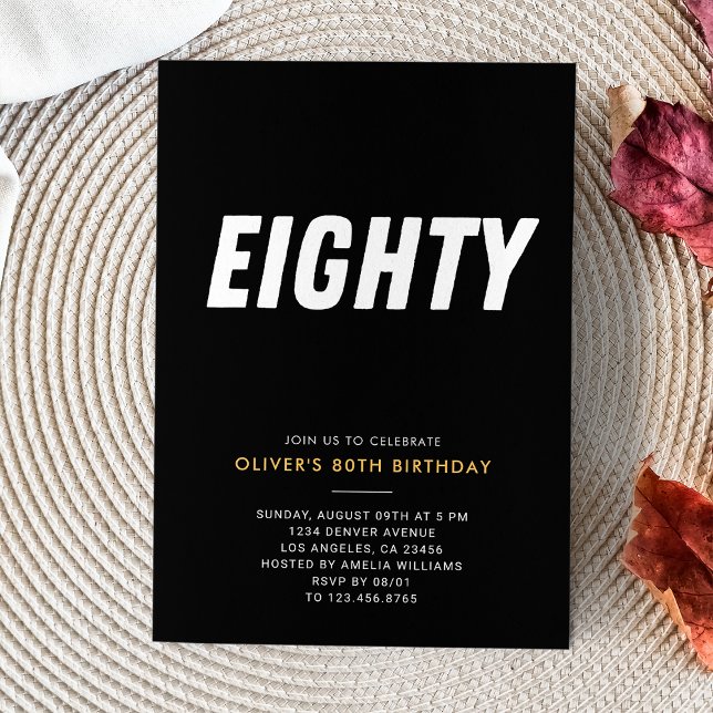 Convite Oitenta | Festa de aniversário Dourada e preto sim (Eighty | Simple Black & Gold 80th Birthday Party Invitation
)