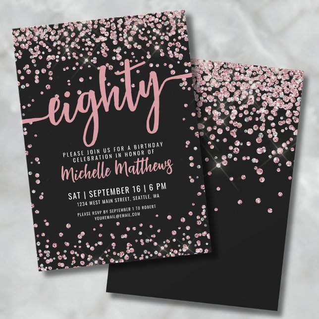 Convite Oitenta Rosa Dourada com 80 brilhante Aniversário (Eighty Black Rose Gold Pink Glitter 80th Birthday Invitation)