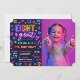 Convite Oito é Excelente Neon Glow 8th Festa de aniversári