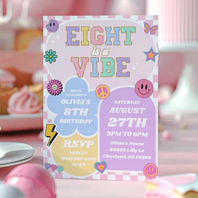 Convite Oito É Uma Festa de aniversário Vibe Preppy Patch  (Criador carregado)