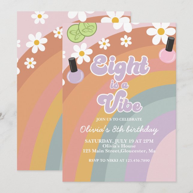 Convite Oito é uma vibe Spa Arco-íris 8º Aniversário (Frente/Verso)