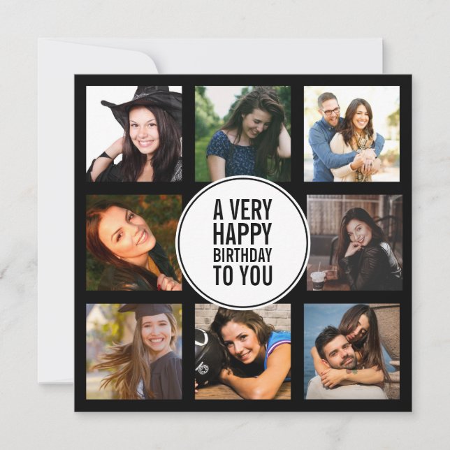 Convite Oito fotos de Aniversário Colagem Preta e Branca  (Frente)