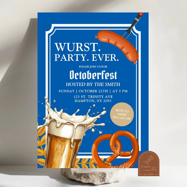 Convite Oktoberfest de Cerveja e Pretzel Azul Bávaro Wurst (Criador carregado)