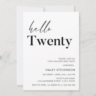Convite Olá, 20 modernos, minimalistas, 20, aniversário