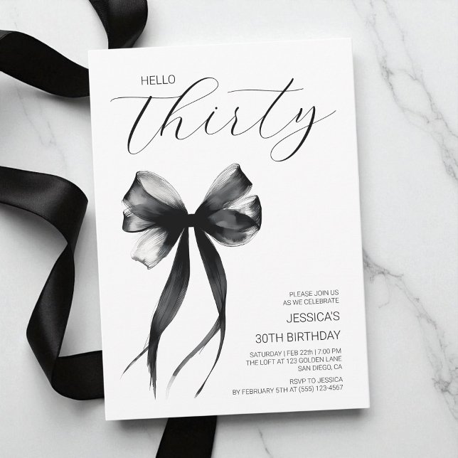 Convite Olá, 30 Arco preto e branco (Hello Thirty Black and White Bow 30th Birthday Invitation)