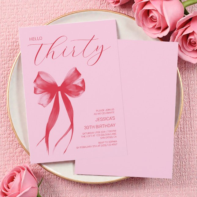 Convite Olá, 30 de cor rosa, Arco moderno (Hello Thirty Pink Modern Bow 30th Birthday Party Invitation)