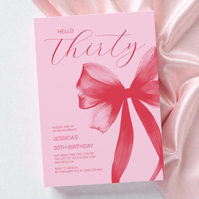 Convite Olá 30 festas de Arco rosa-rosa Elegante (Hello Thirty Elegant Pink Bow 30th Birthday Party Invitation)