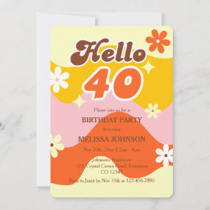 Convite Olá 40 Aniversário Onda Retro Floral Groovy