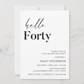 Convite Olá, 40 modernos aniversário de 40 anos minimalist