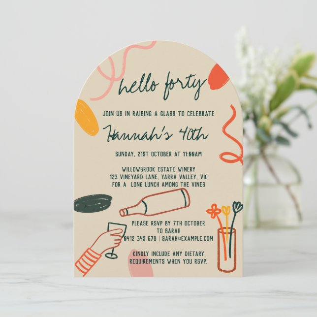 Convite Olá, 40, quarenta e setes, aniversário do almoço (Em pé/Frente)