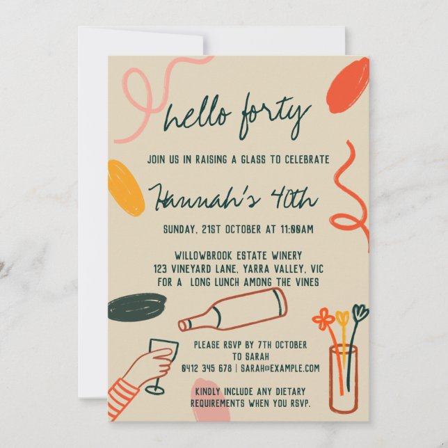 Convite Olá, 40, quarenta e setes, aniversário do almoço (Frente)