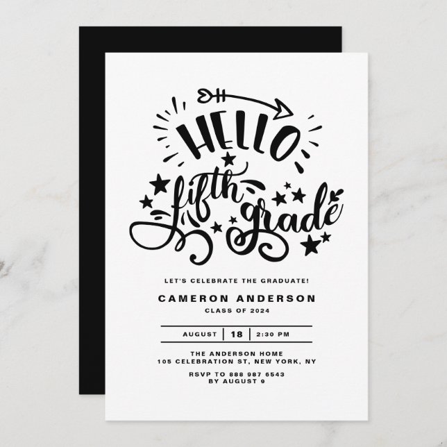 Convite Olá 5º ano | Graduação do 4.o grau preto (Frente/Verso)