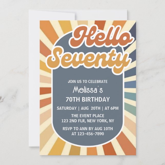 Convite Olá, 70 Retro Sun Groovy Wave 70, Aniversário (Frente)