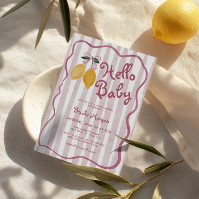 Convite Olá, Arcos de Lemon, Chá de fraldas das raparigas (Hello Baby Lemon Baby Shower Invite)