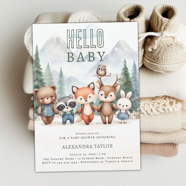 Convite Olá Baby Adventure Woodland Chá de fraldas (woodland adventure gender neutral baby shower invitation mountain forest cute animals hiking treck)