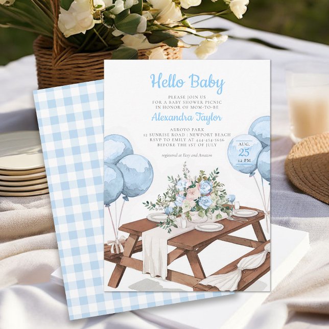 Convite Olá, Baby Balloons, Picnic Park Chá de fraldas (picnic boy baby shower invitation park summer watercolor balloons cute fun casual classy)