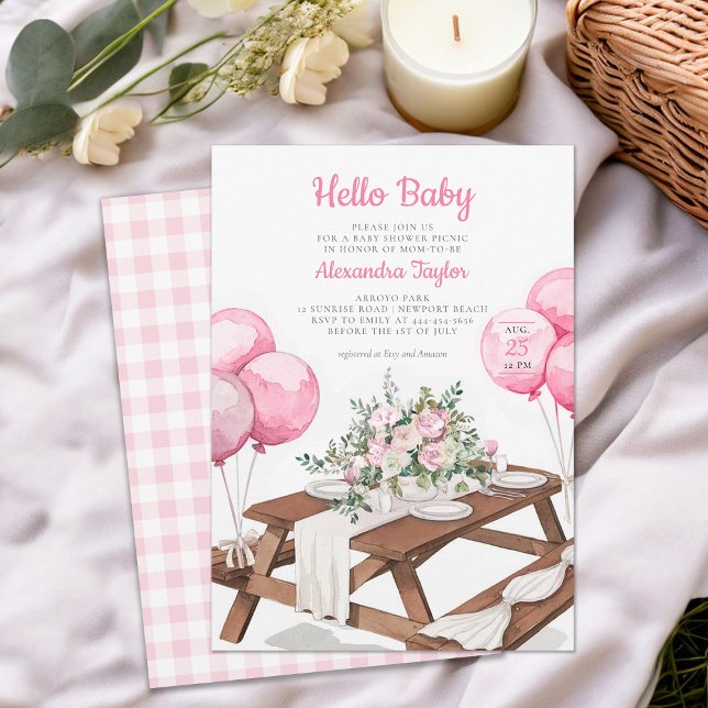 Convite Olá, Baby Balloons, Picnic Park Chá de fraldas (picnic girl baby shower invitation park summer watercolor balloons cute fun casual classy)