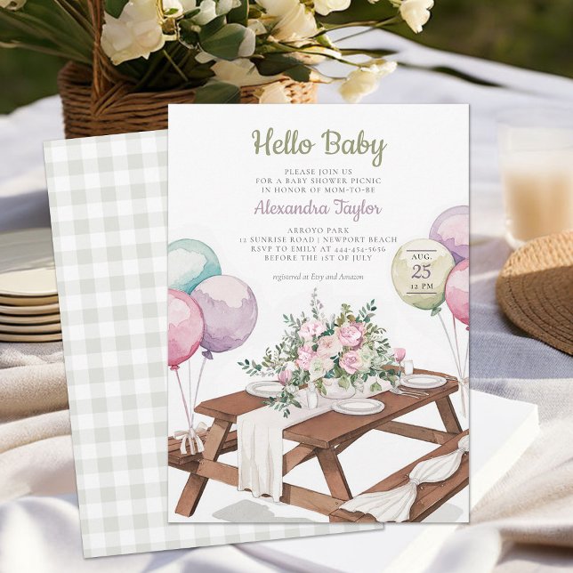 Convite Olá Baby Balloons Picnic Park Neutral Chá (picnic baby shower invitation park summer watercolor balloons cute fun casual classy gender neutral)
