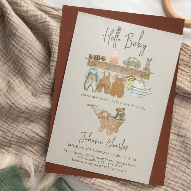 Convite Olá Baby Boho Nursery Bonito Chá de fraldas Neutro (Hello Baby Boho Nursery Cute Neutral Baby Shower Invitation)