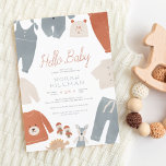 Convite Olá, Baby | Chá de fraldas de roupa azul<br><div class="desc">Um belo e moderno convite ao chá de fraldas com "Hello Baby" na escrita de terracotta e os detalhes do seu chá em simples tipografia. Decorando a borda desta design, há roupas de bebê boho em um esquema neutro de cor azul pastel, creme e laranja ferrugem. As roupas incluem macacões,...</div>