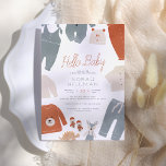 Convite Olá, Baby | Chá de fraldas de roupa azul<br><div class="desc">Um belo e moderno convite ao chá de fraldas com "Hello Baby" na escrita de terracotta e os detalhes do seu chá em simples tipografia. Decorando a borda desta design, há roupas de bebê boho em um esquema neutro de cor azul pastel, creme e laranja ferrugem. As roupas incluem macacões,...</div>