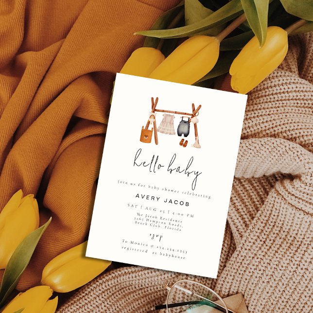 Convite Olá, Baby | Chá de fraldas de roupas de boho (Hello Baby | Boho Clothes Baby Shower Invitation)