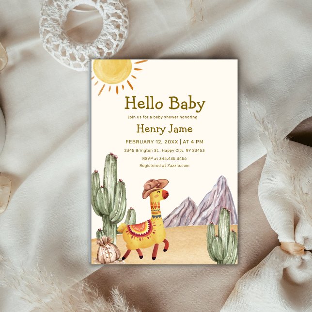 Convite Olá Baby Desert Cactus Llama Cowboy Chá de fraldas (Hello Baby Desert Cactus Llama Cowboy Baby Shower Invitation)