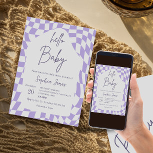 Convite Olá Baby Purple Checkered Gingham   CHÁ DE FRALDAS