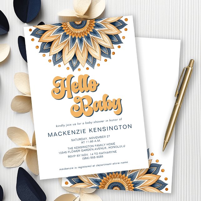 Convite Olá Bebê Azul Dourado Chá de fraldas Hippie (Hello Baby! Navy Blue and Gold Boho Sunflower Baby Shower Invitation)