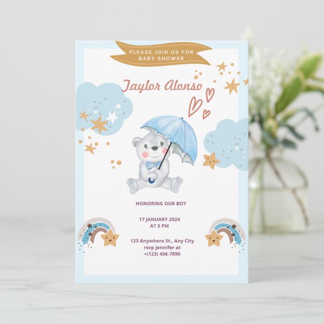 Convite Olá Bebê | Chuveiro de Bebê Urso de Pelúcia Azul (Em pé/Frente)